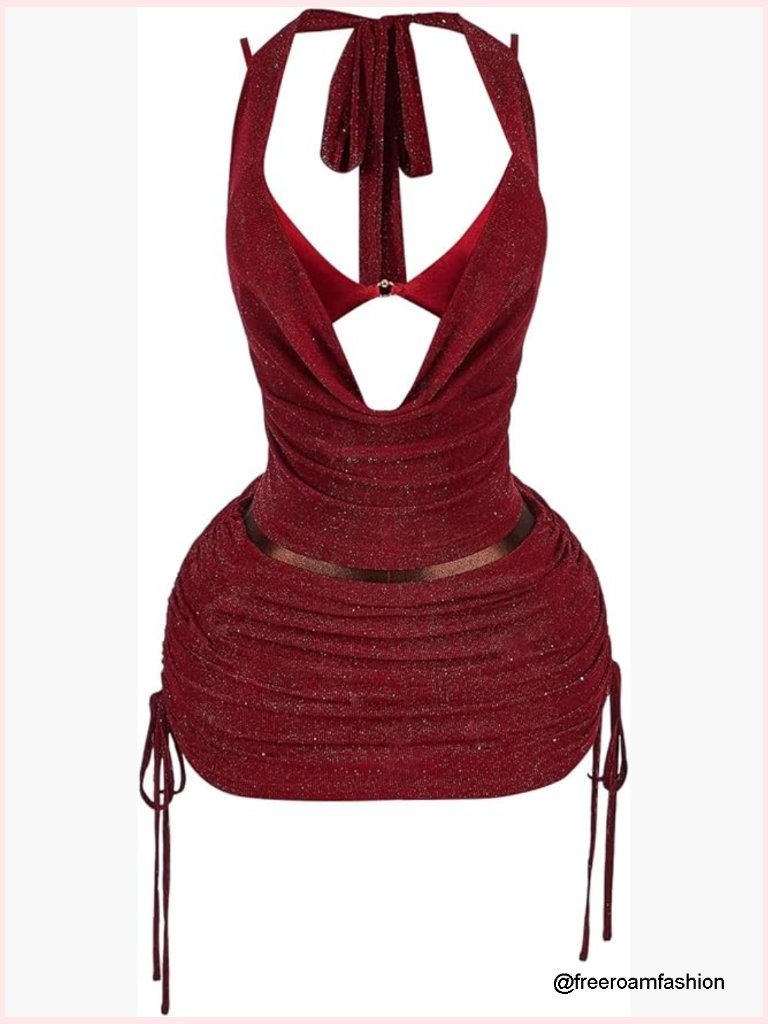 2 Piece Rave Outfit Halter Top & Ruched Mini Skirt Set Clubwear